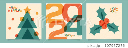 Christmas and New year risograph square banners or cards set. Vintage Bauhaus abstract picture. Vector imitation of raster effect. 107937276