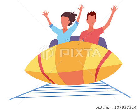 Roller coaster happy people. Rollercoaster. Friends riding in amusement park have fun positive emotion, park attractions. Young people having fun and enjoyment, cartoon vector illustration Roller coaster happy people. Rollercoaster. Friends riding in amusement park have fun positive emotion, park attractions. Young people having fun and enjoyment, cartoon vector illustration 107937314
