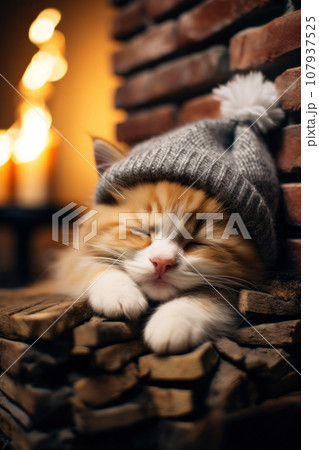 Cute kitty in knit cap sleeping in front of the fireplace. Generative Ai. 107937525