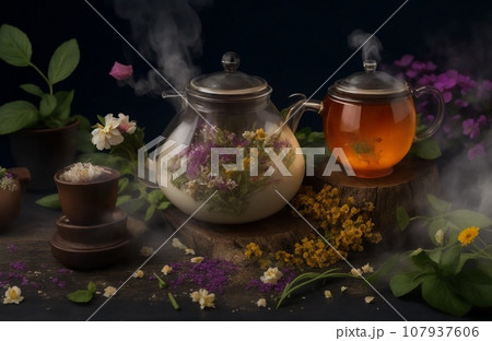 still life with tea and flowers 107937606