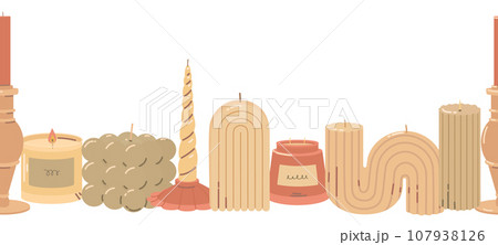 Horizontal seamless border pattern with decorative candles in hand drawn style. Trendy vector illustration for design. 107938126