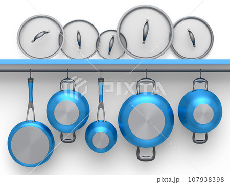 Set of stewpot, frying pan and chrome plated cookware hanging on shelf on white Set of stewpot, frying pan and chrome plated cookware hanging on shelf on white 107938398