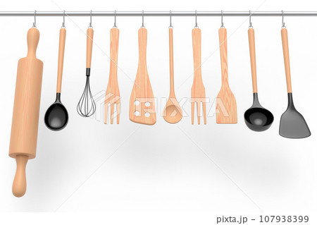 Set of kitchen utensil for preparation of dough hanging on shelf on white. 107938399