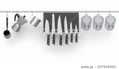 Set of kitchen utensil, stewpot, frying pan and chrome cookware hanging on shelf Set of kitchen utensil, stewpot, frying pan and chrome cookware hanging on shelf 107938402