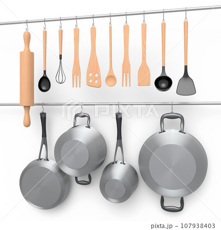 Set of kitchen utensil, stewpot, frying pan and chrome cookware hanging on shelf Set of kitchen utensil, stewpot, frying pan and chrome cookware hanging on shelf 107938403