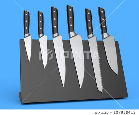 Set of chef's kitchen knives and kitchen utensil hanging on shelf Set of chef's kitchen knives and kitchen utensil hanging on shelf 107938415