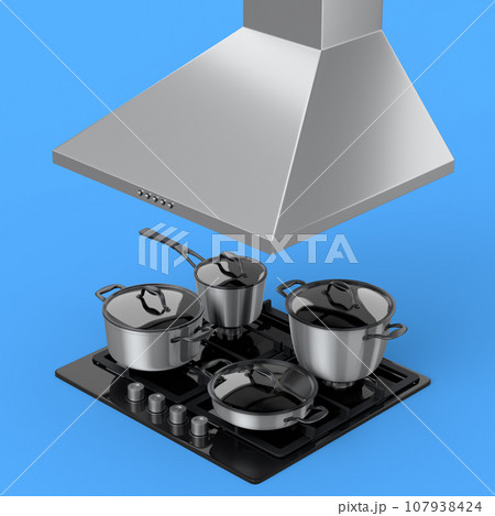 Set of kitchen utensil, stewpot, frying pan and chrome cookware hanging on shelf 107938424