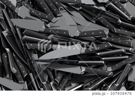 Pile of chef's kitchen knives on black background 107938478