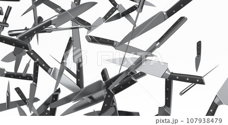 Many of flying chef's kitchen knives on white background 107938479