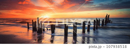 A tranquil scene of a broken wooden jetty stretching out into the golden sea 107938518