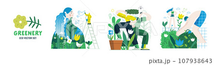 Greenery, ecology -modern flat vector concept illustration of people and plants. Metaphor of environmental sustainability and protection, closeness to nature, green life, ecosystem and biosphere 107938643