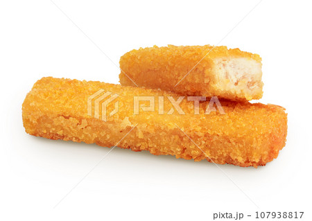 Fish finger or stick isolated on white background with full depth of field 107938817