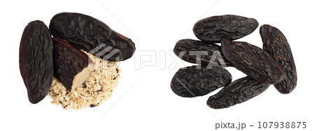 Tonka bean isolated on white background with  full depth of field. Bean of Dipteryx odorata, Top view. Flat lay 107938875