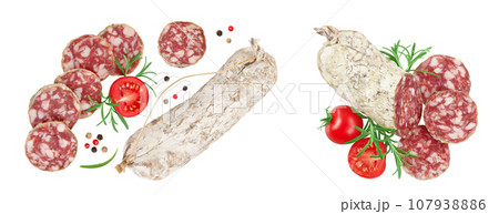 Cured salami sausage slices isolated on white background. Italian cuisine with full depth of field. Top view. Flat lay. 107938886