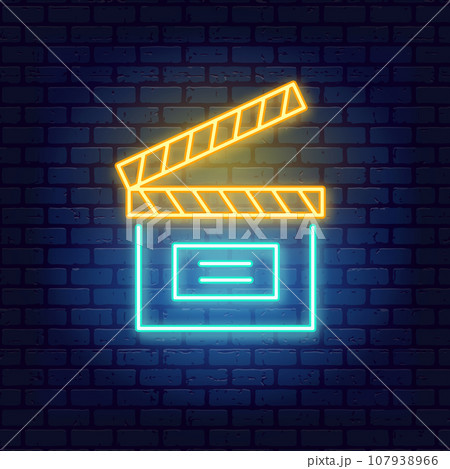 Cinema Banner Neon Glow Clapper Board Brick Wall Cinema Banner Neon Glow Clapper Board Brick Wall 107938966