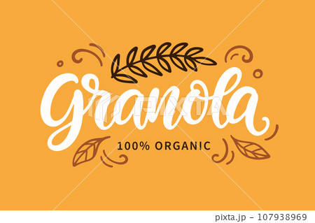 Granola logo. Muesli Oatmeal breakfast lettering Granola logo. Muesli Oatmeal breakfast lettering 107938969