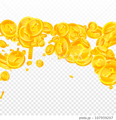 British pound coins falling. Scattered gold GBP coins. United Kingdom money. Great business success concept. Square vector illustration. British pound coins falling. Scattered gold GBP coins. United Kingdom money. Great business success concept. Square vector illustration. 107939207