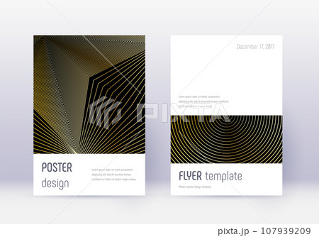 Minimalistic cover design template set. Gold abstract lines on black background. Dramatic cover design. Unusual catalog, poster, book template etc. 107939209