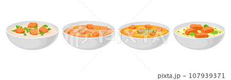 Tasty Salmon Fish Soup Dish Served in Bowl Vector Set 107939371