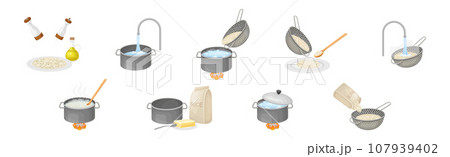 Rice Cooking Process with Pot Utensil Vector Set Rice Cooking Process with Pot Utensil Vector Set 107939402