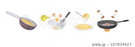 Pasta Cooking Process with Frying, Mixing in Bowl and Colander Vector Set 107939427