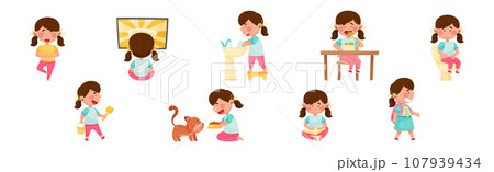 Cute Girl Character Engaged in Daily Routine and Different Activity Vector Set Cute Girl Character Engaged in Daily Routine and Different Activity Vector Set 107939434