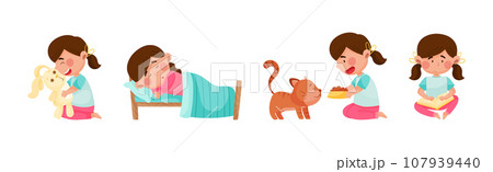 Cute Girl Character Engaged in Daily Routine and Different Activity Vector Set 107939440