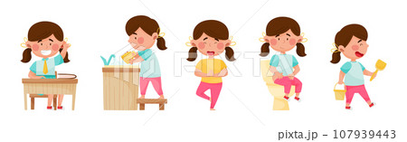Cute Girl Character Engaged in Daily Routine and Different Activity Vector Set 107939443
