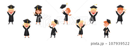 Happy Kids in Graduation Gown and Cap at Graduation Ceremony Vector Set 107939522