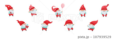 Fantastic Gnome Character with White Beard and Red Pointed Hat Vector Illustration Set Fantastic Gnome Character with White Beard and Red Pointed Hat Vector Illustration Set 107939529