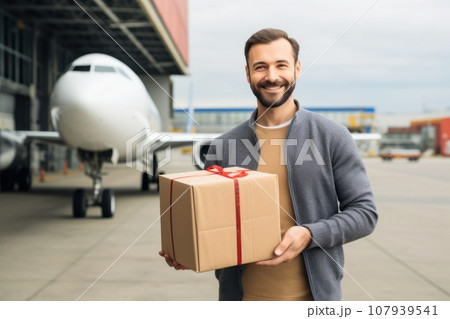 Delivery man delivering a parcel box to customer by cargo plane. Generative AI 107939541