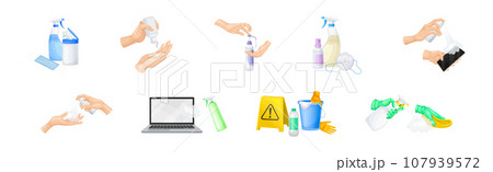Cleaning and Disinfection Objects and Hands as Personal Hygiene and Care Vector Set Cleaning and Disinfection Objects and Hands as Personal Hygiene and Care Vector Set 107939572