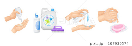 Cleaning and Disinfection Objects and Hands as Personal Hygiene and Care Vector Set 107939574