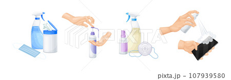 Cleaning and Disinfection Objects and Hands as Personal Hygiene and Care Vector Set Cleaning and Disinfection Objects and Hands as Personal Hygiene and Care Vector Set 107939580