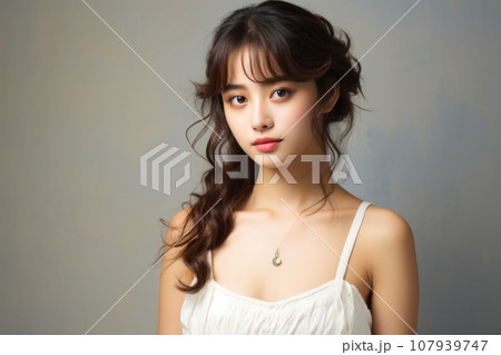 Closeup portrait of a beautiful young woman in dress at studio . Generative AI 107939747