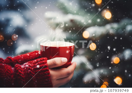 Cup of hot beverage on a breezy winter morning. generative ai 107939749
