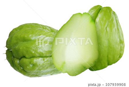 Composition of cut chayote, isolated on white background 107939908