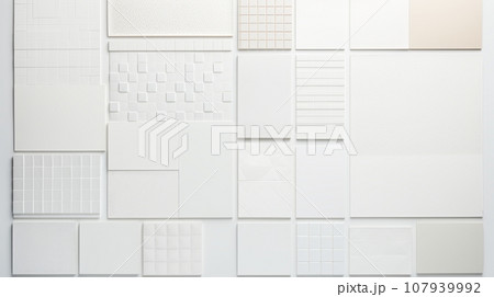 A collection of white tiles with different textures and patterns. This image shows a grid-like arrangement of white tiles of different sizes and shapes. Some tiles have a smooth surface, while others 107939992