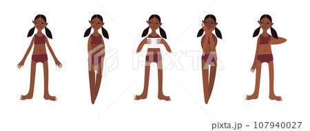 Five Latin American girls in swimsuits. Calm standing poses: thumbs up, piece of paper in hands. Brown skin tone and dark hair. Vector illustration in flat style 107940027