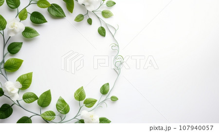 A fresh and green image of a white background with a circular frame of green leaves and white flowers. The leaves are a mix of light and dark green and have a curved and organic shape. A fresh and green image of a white background with a circular frame of green leaves and white flowers. The leaves are a mix of light and dark green and have a curved and organic shape. 107940057