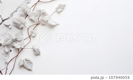 white background with a branch of white leaves and flowers on the left side. The branch has white leaves and flowers with thin brown stems, creating a delicate and graceful look. white background with a branch of white leaves and flowers on the left side. The branch has white leaves and flowers with thin brown stems, creating a delicate and graceful look. 107940058