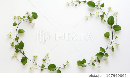 A realistic image of a wreath made of green leaves and white flowers The wreath is composed of heart-shaped leaves and small white flowers The wreath has an oval shape and a white background A realistic image of a wreath made of green leaves and white flowers The wreath is composed of heart-shaped leaves and small white flowers The wreath has an oval shape and a white background 107940063