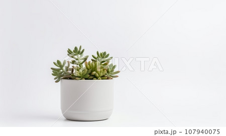 a small succulent plant with thick and fleshy green leaves in a white ceramic pot. The pot is round and smooth, creating a contrast with the textured plant. The background is plain white, 107940075