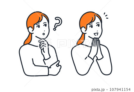考える表情と笑顔で喜ぶ表情の若い女性のシンプルなベクターイラストセット素材 107941154