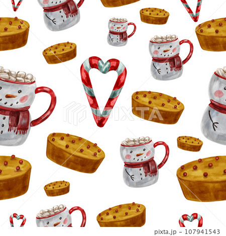 Watercolor pattern with berry pie, Christmas striped heart-shaped candy and traditional winter hot cocoa with marshmallows in a snowman mug 107941543