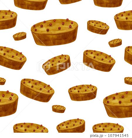 Watercolor pattern with autumn berry pie. Seamless handmade pattern with sweet pastries, flour product for pastry shop, cafe, textile 107941545