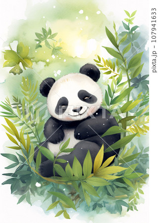 an illustration of a panda in leafy greenのイラスト素材