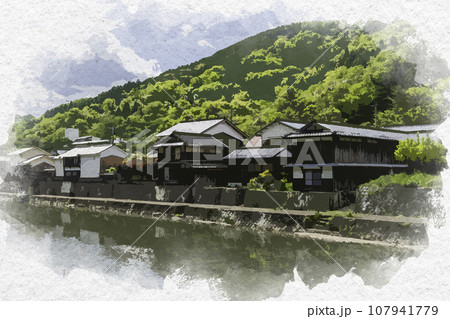 水彩画風　平福　川端風景　兵庫県佐用郡佐用町 107941779
