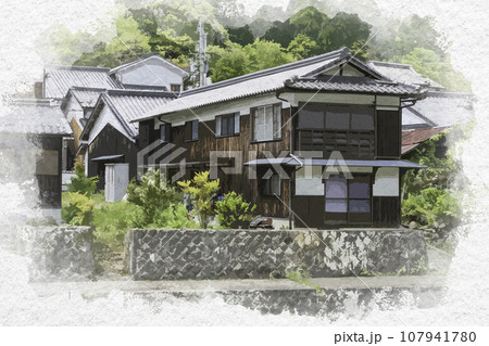 水彩画風　平福　川端風景　兵庫県佐用郡佐用町 107941780