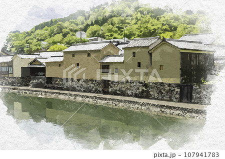水彩画風　平福　川端風景　兵庫県佐用郡佐用町 107941783
